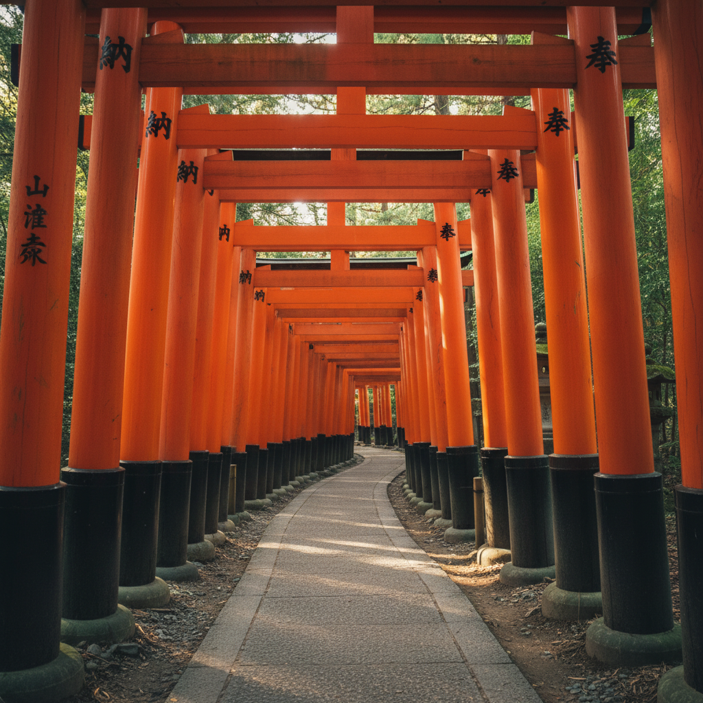 교토 후시미 이나리 신사의 끝없이 이어진 붉은 토리이 길, 나무 사이로 스며드는 따스한 햇살과 선명한 주황색 구조물의 대비를 강조한 고해상도 풍경 사진