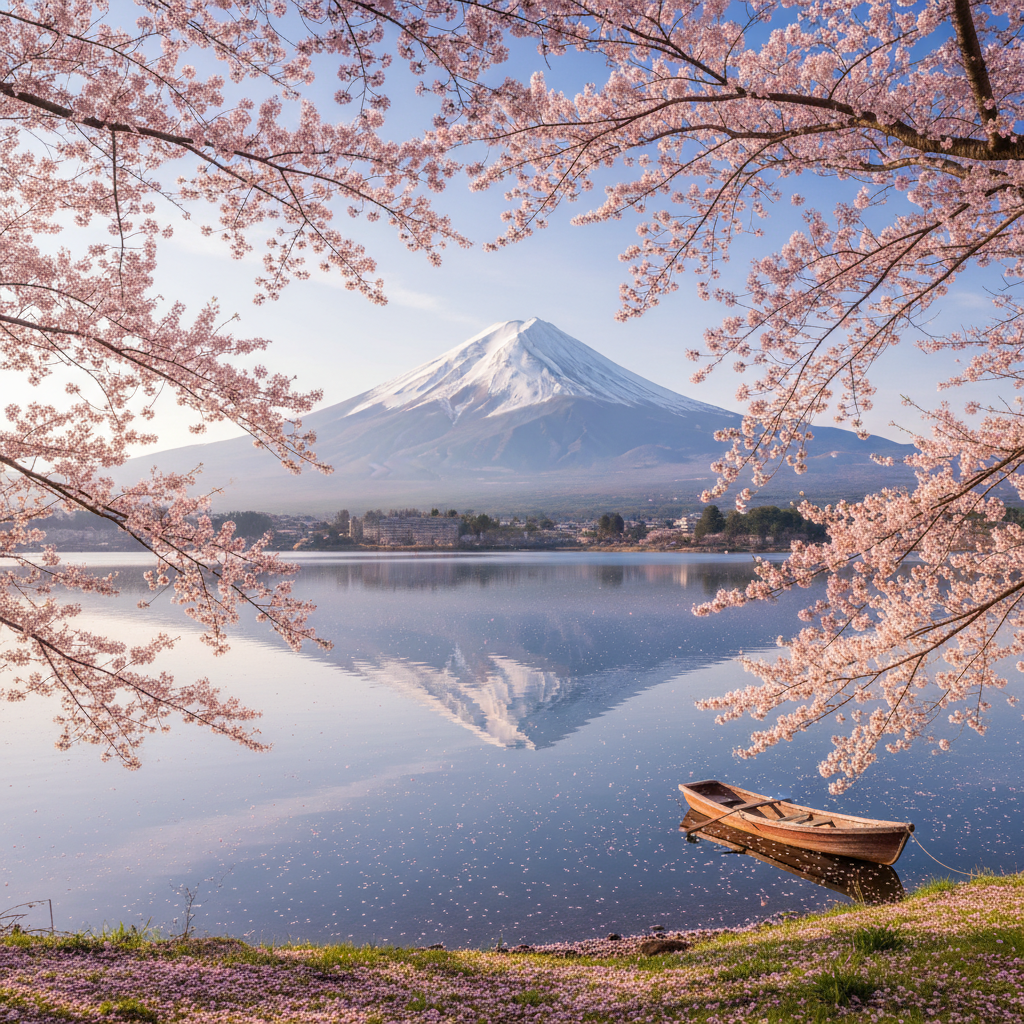 만개한 벚꽃 사이로 보이는 눈 덮인 후지산의 전경, 가와구치코 호수면에 비친 반영과 분홍색 꽃잎이 조화를 이루는 평온한 봄의 이미지