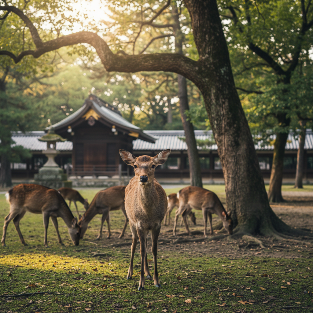나라 사슴 공원에서 평화롭게 노니는 사슴과 고대 사찰의 배경, 부드러운 오후의 햇살이 비치는 나무 아래 사슴의 눈망울을 포착한 감성 스냅